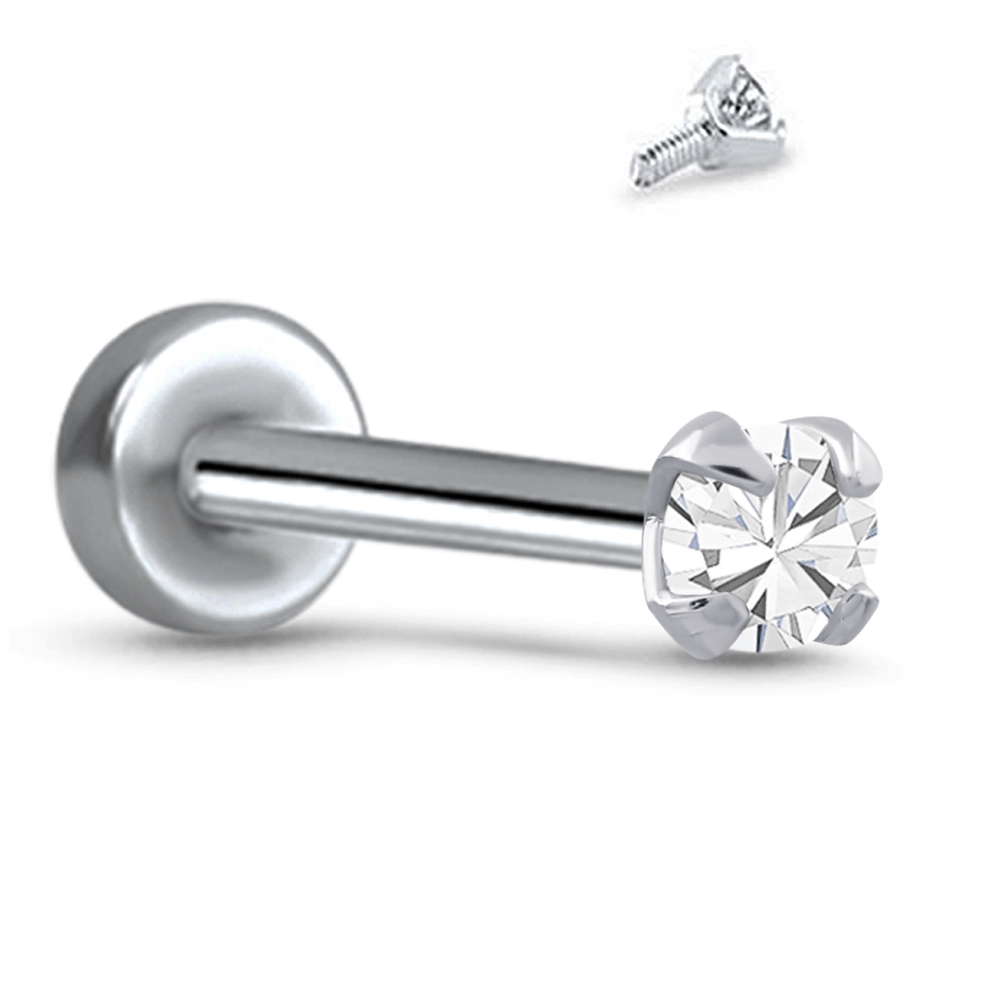 Prong CZ Labret Screw Post Stud 14K White, Yellow, Rose Gold Titanium 16G - Image 2