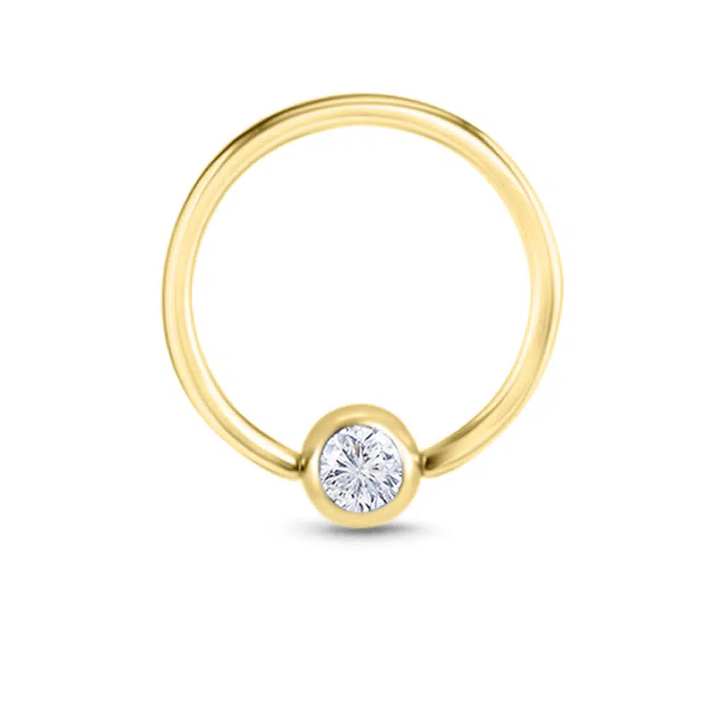 yellow Gold hoop featuring a Solid curved design with a clear Bezel