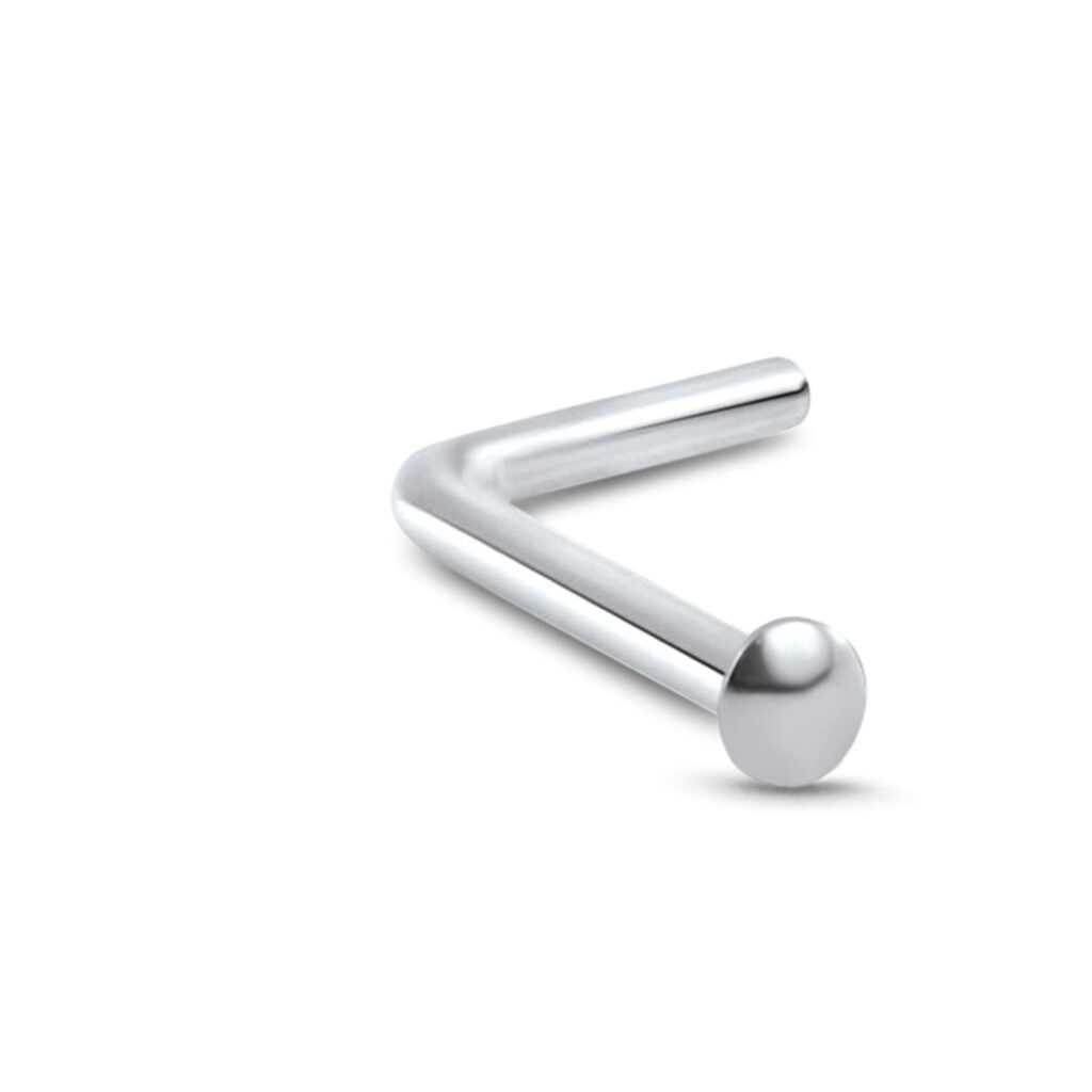 18k white gold lbend nose stud featuring a 2mm disc design