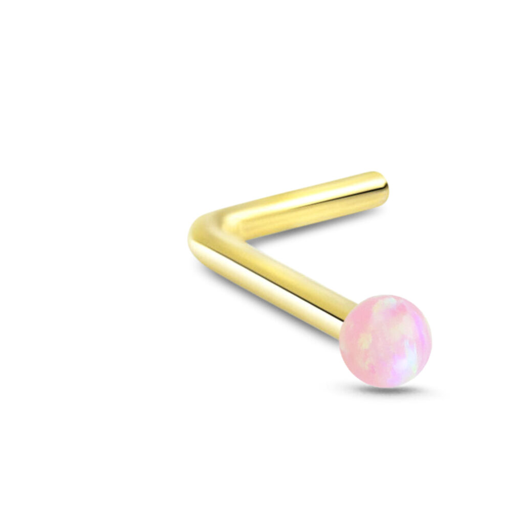 yellow gold lbend nose stud featuring a 2mm faux pink opal ball