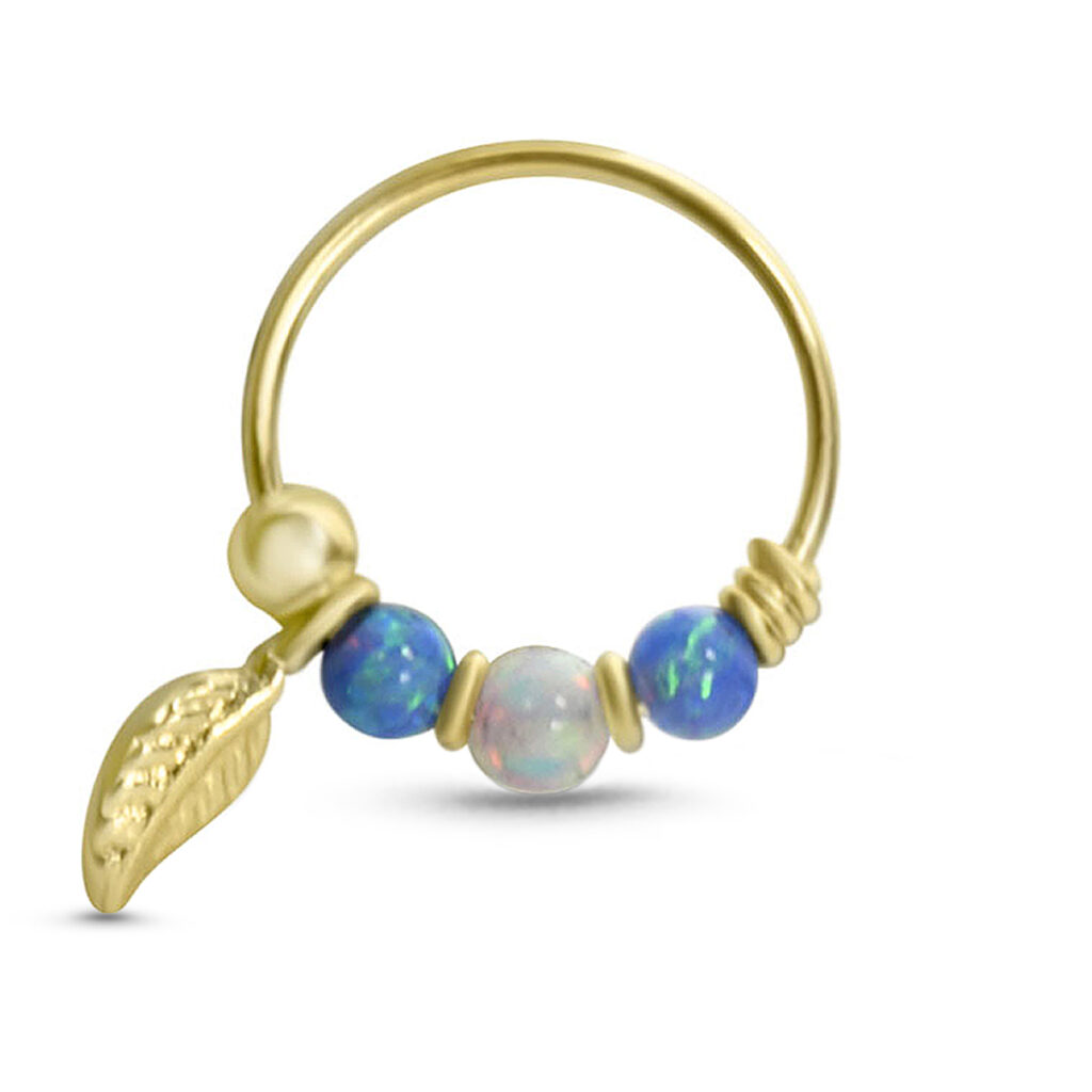 yellow gold nose ring hoop with two faux blue opal and one faux white opal stone and a leaf charm