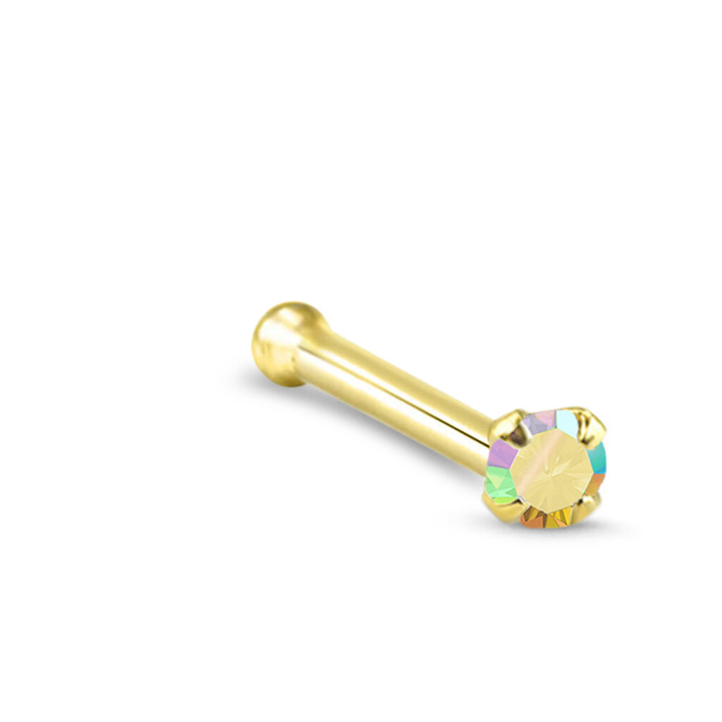 yellow gold nose bone featuring a 2mm aurora round stone in a prong setting