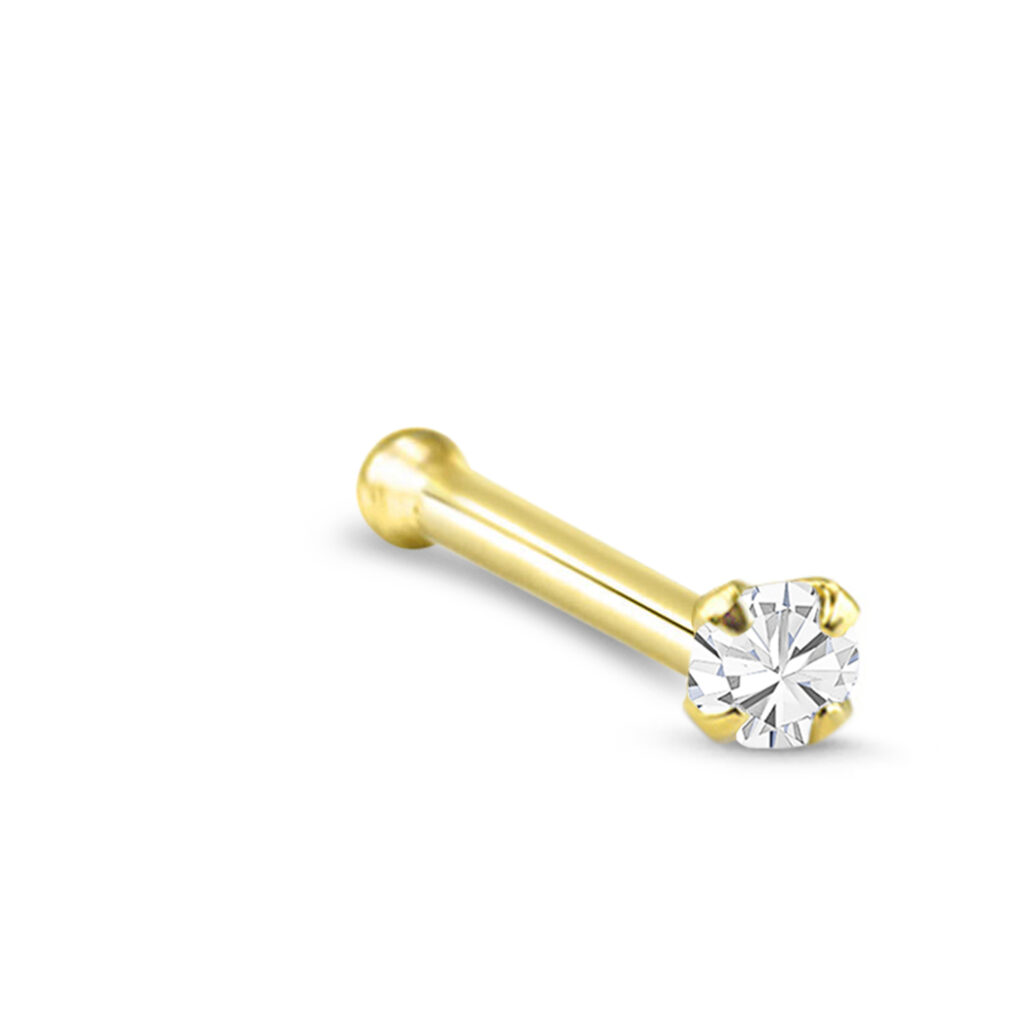 yellow gold nose bone featuring a 2mm clear round stone in a prong setting