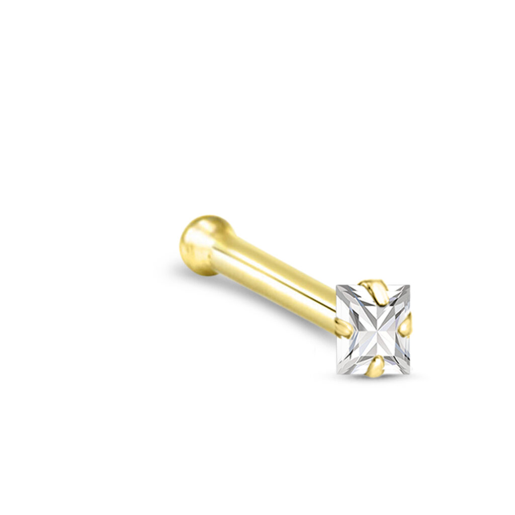 yellow gold nose bone featuring a 2mm clear square stone in a prong setting