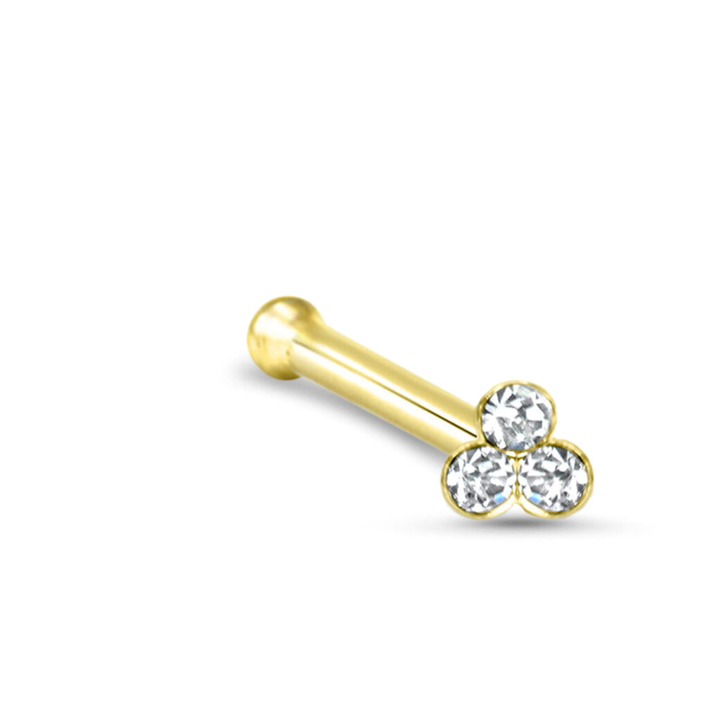 yellow gold nose bone featuring a 3 clear round stone cluster design