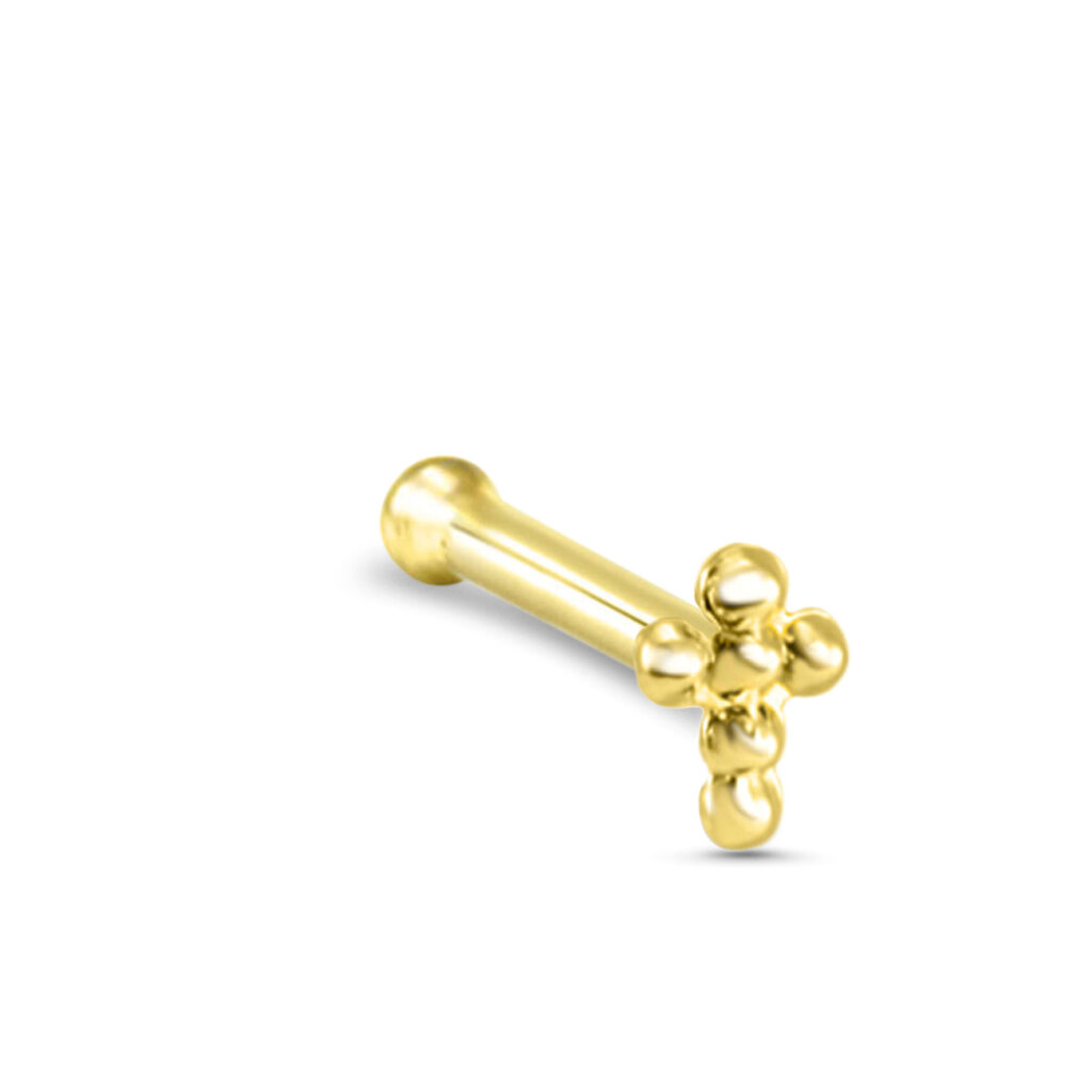 yellow gold nose bone stud featuring a studded cross design