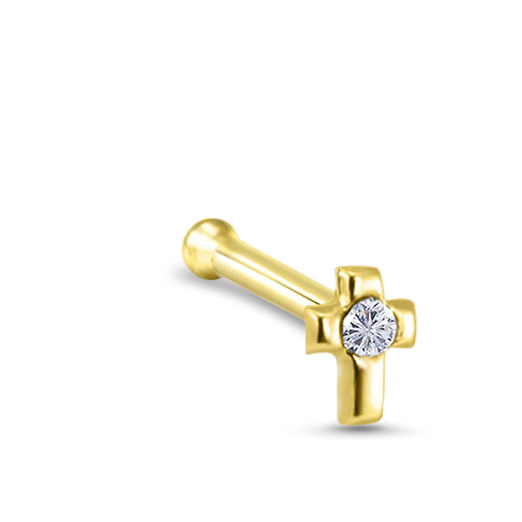 yellow gold nose bone stud featuring a cross design with a clear stone