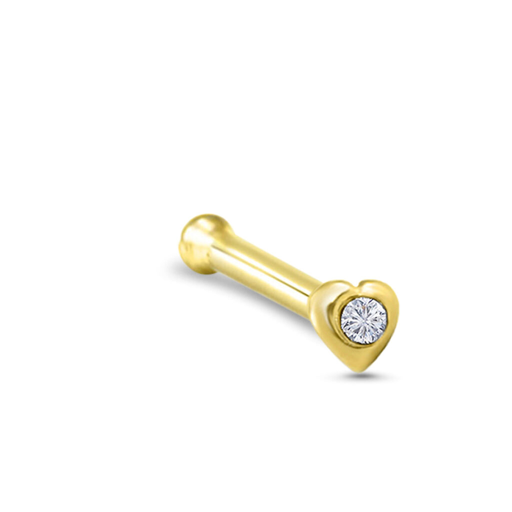 yellow gold nose bone stud featuring a heart design with a clear stone