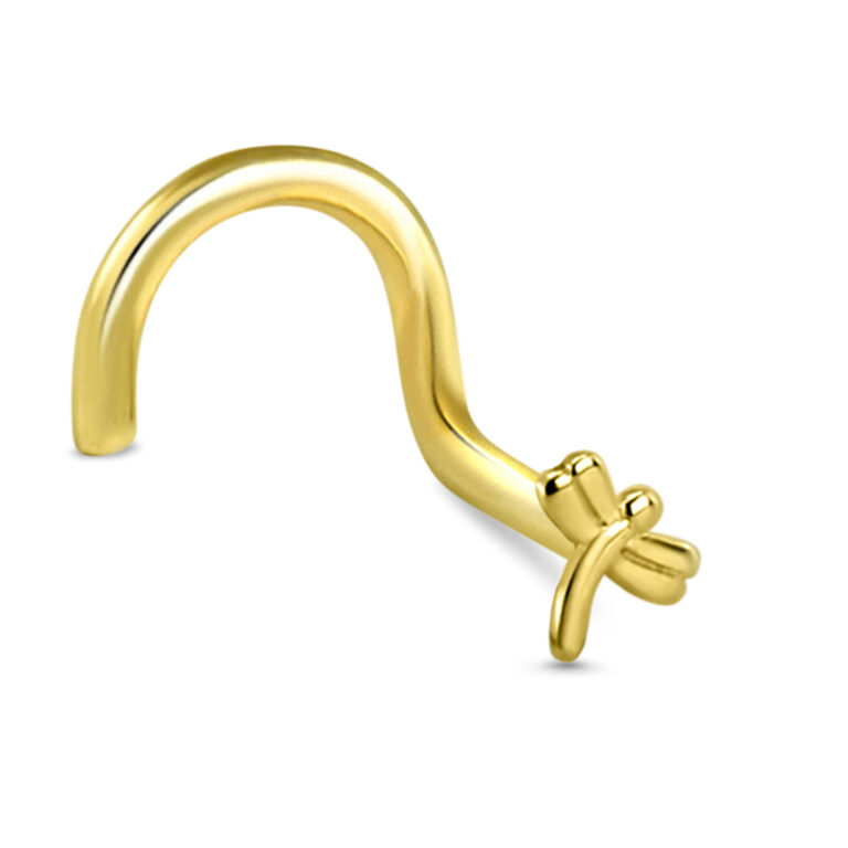 yellow gold right nostril screw nose stud featuring a dragonfly design