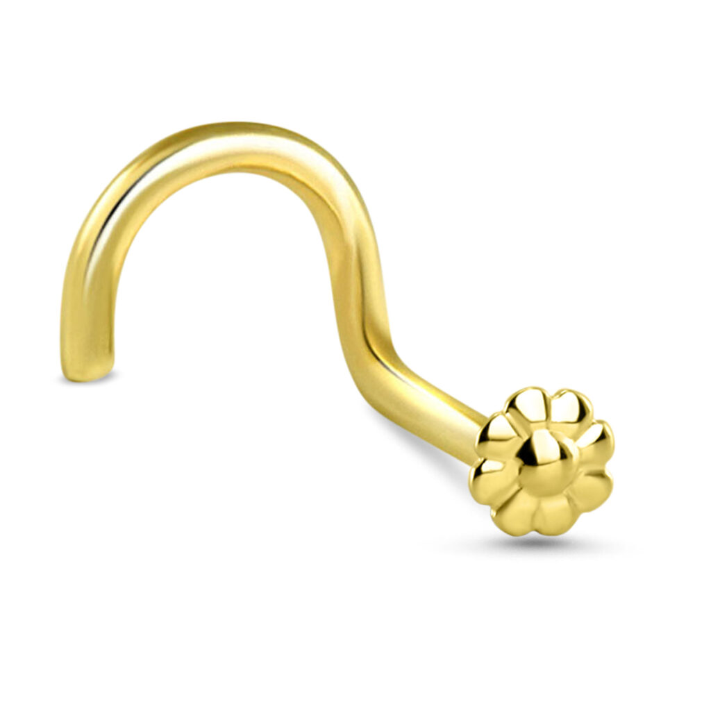 yellow gold right nostril screw nose stud featuring a flower design