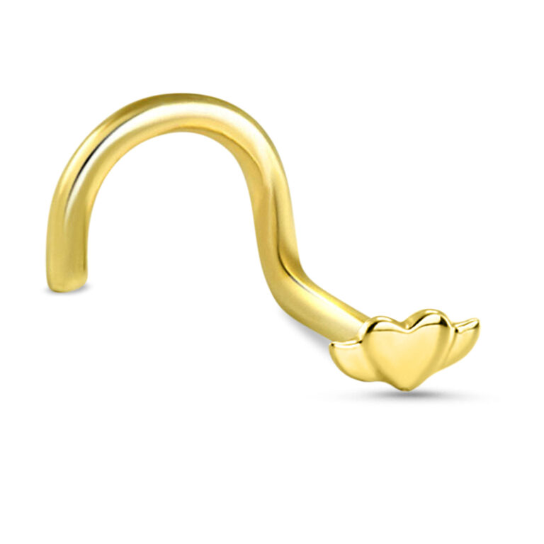 yellow gold right nostril screw nose stud featuring a heart wings design