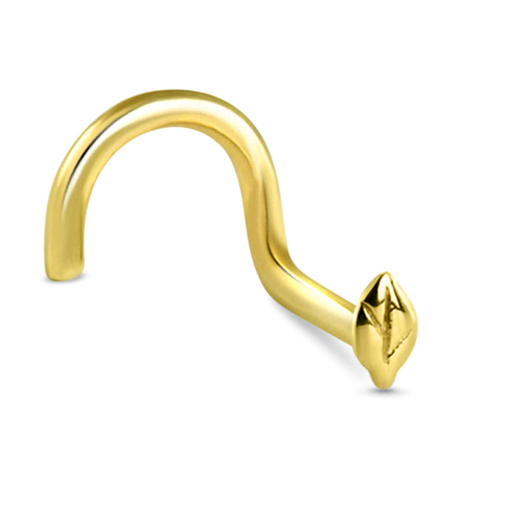 yellow gold right nostril screw nose stud featuring a leaf design