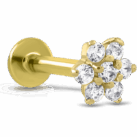 Flower CZ Labret Threadless Push Pin Stud 14K White, Yellow, Rose Gold