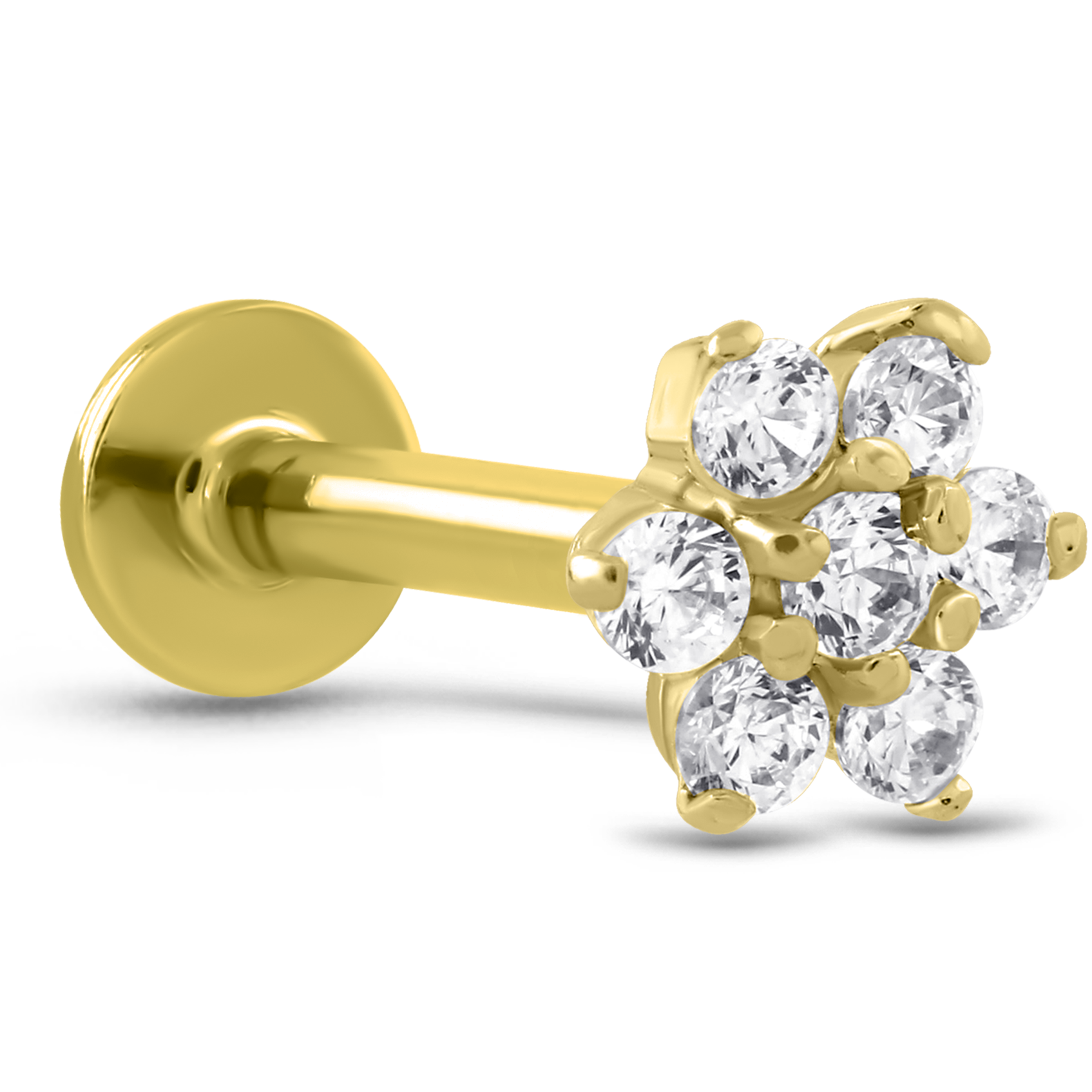 Flower CZ Labret Threadless Push Pin Stud 14K White, Yellow, Rose Gold
