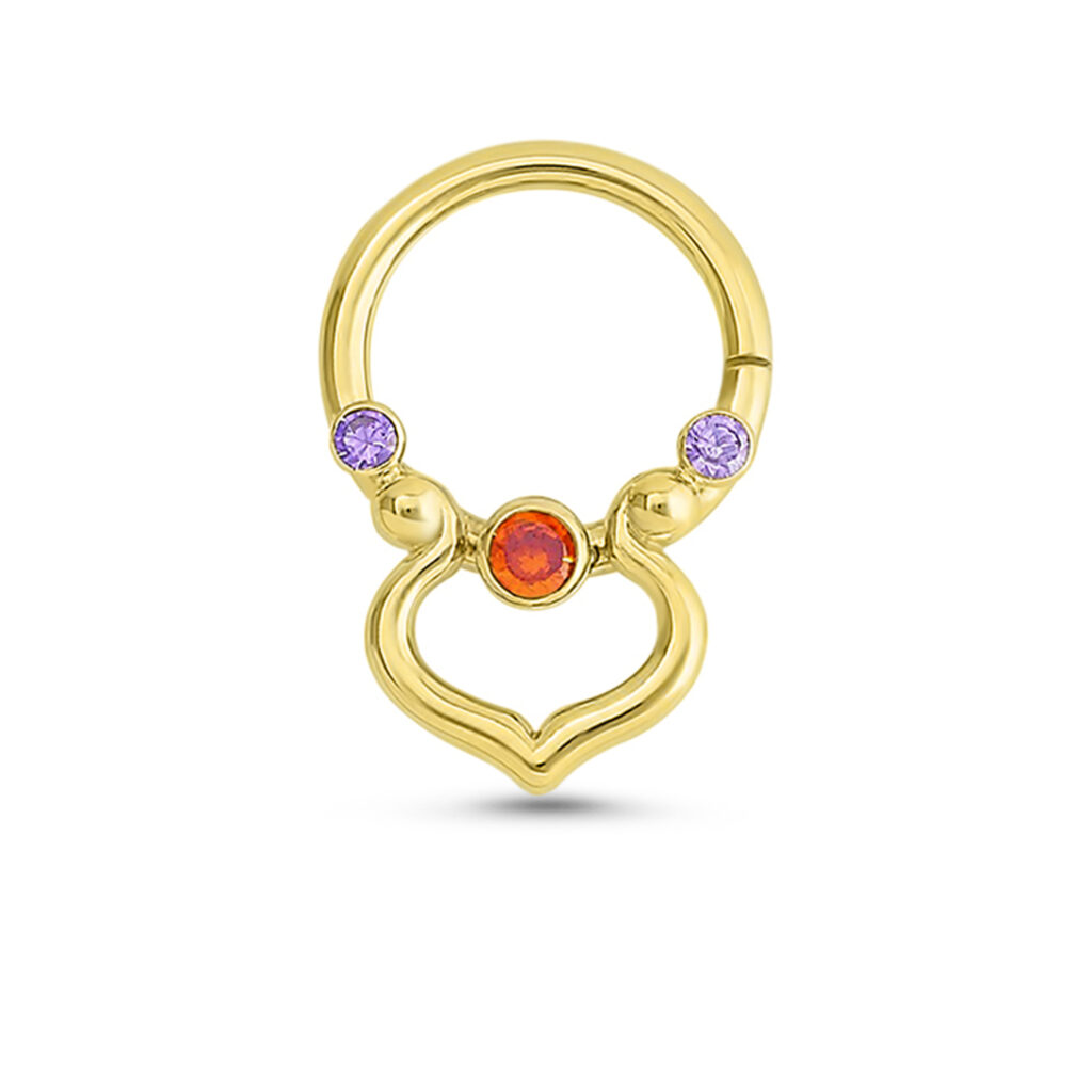 yellow gold septum nose hoop featuring 2 purple stones on each side with a padparadscha center stone